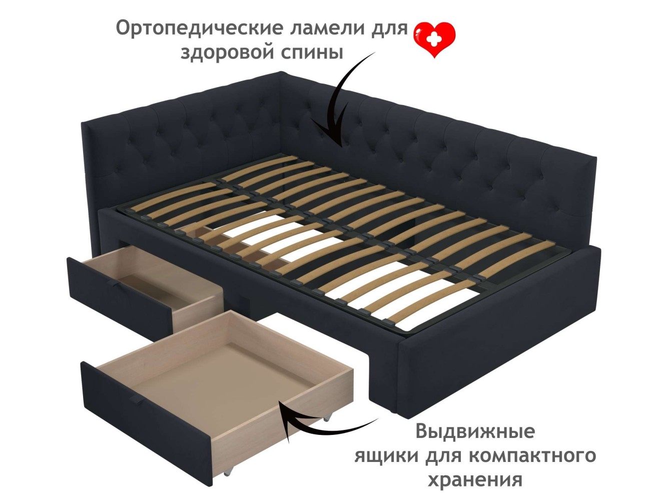 Мягкая кровать-тахта Afelia 1200 черная с ящиками
