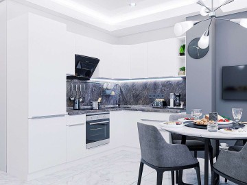 Кухонный гарнитур угловой Фьюжн-04, МДФ, 250×180 см, Белый шелк