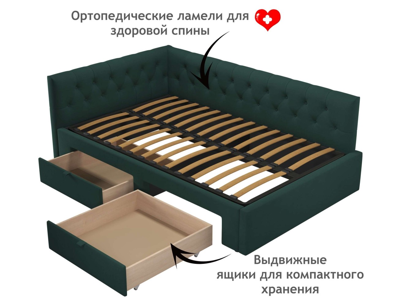 Мягкая кровать-тахта Afelia 1200 изумруд с ящиками