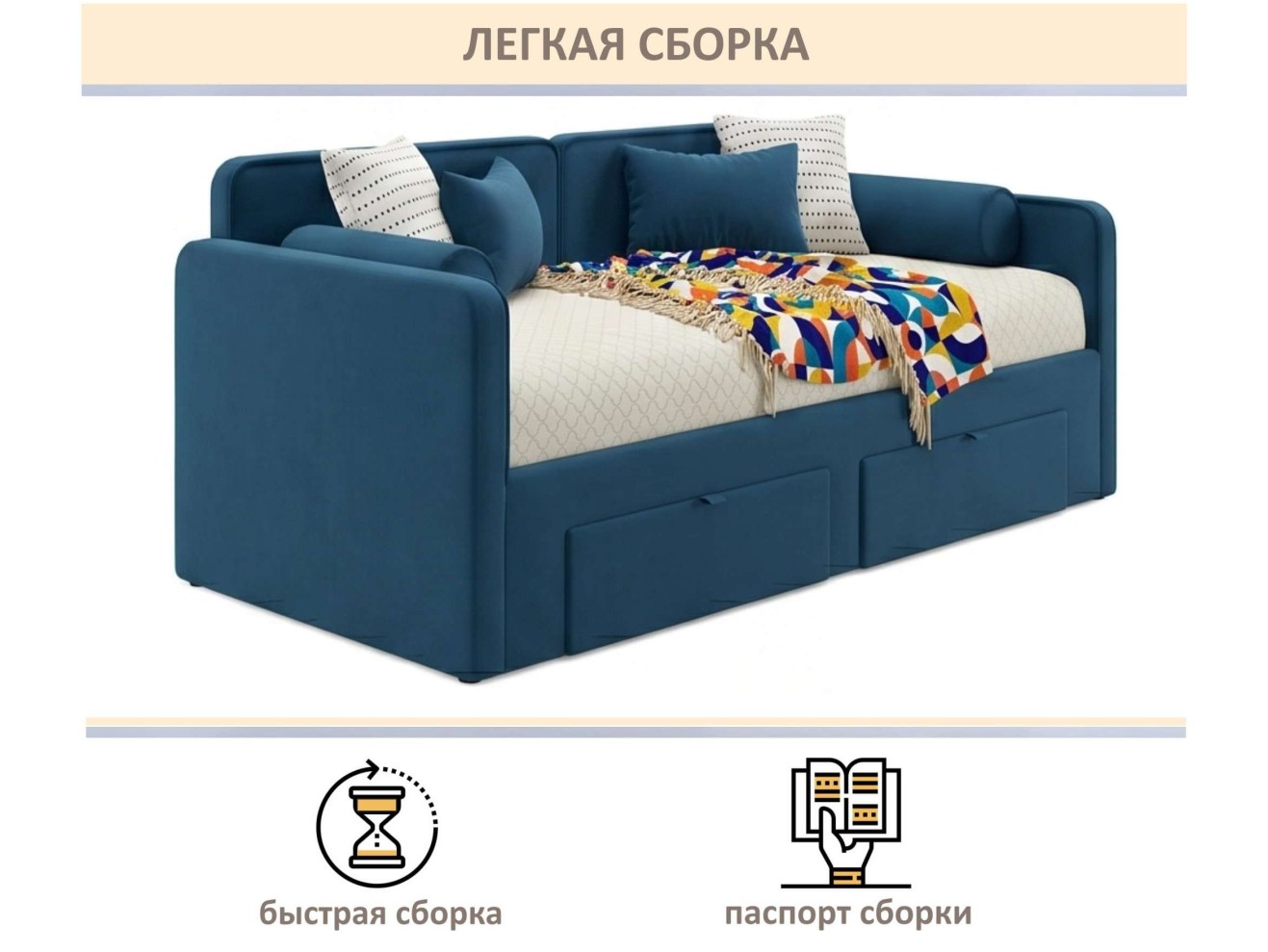 Мягкая кровать Эмили 900 c ящиками синяя арт. 1576015
