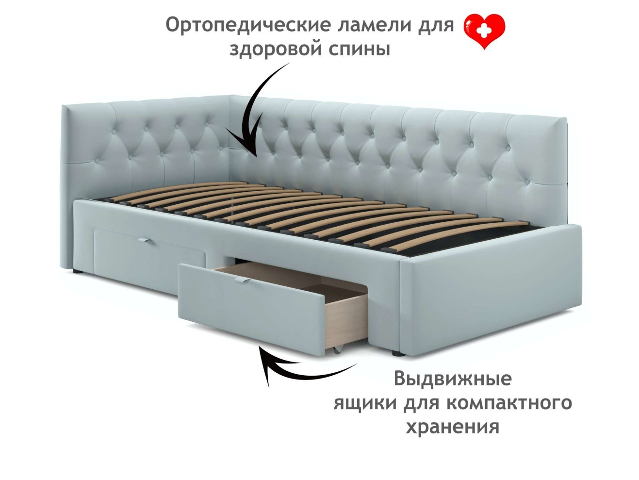 Односпальная кровать-тахта Afelia с ящиками 900 мята пастель с ортопедическим основанием