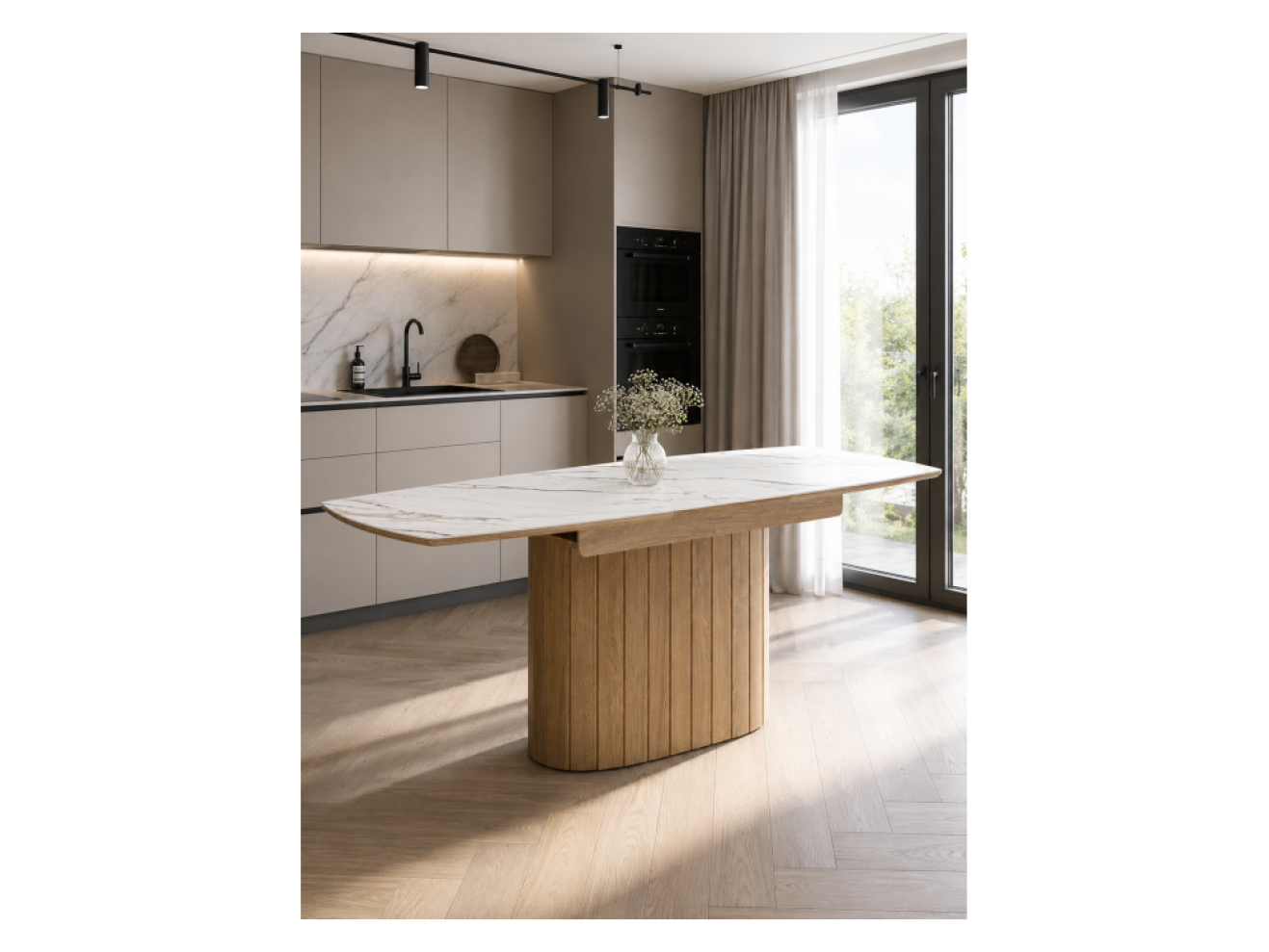 Люмен 140(180)х80 белый с прожилками gilt white / дуб американский Керамический стол арт. 1539757