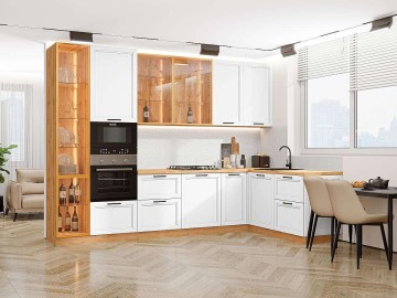Кухонный гарнитур угловой Нео-04, МДФ/Стекло, 320×180 см, Белый шелк