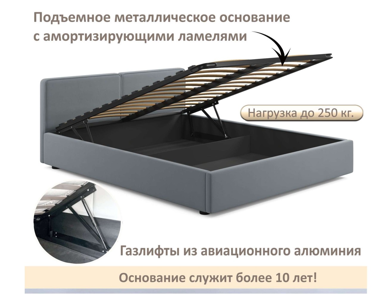 Мягкая кровать Erika 1600 серая с подъемным механизмом