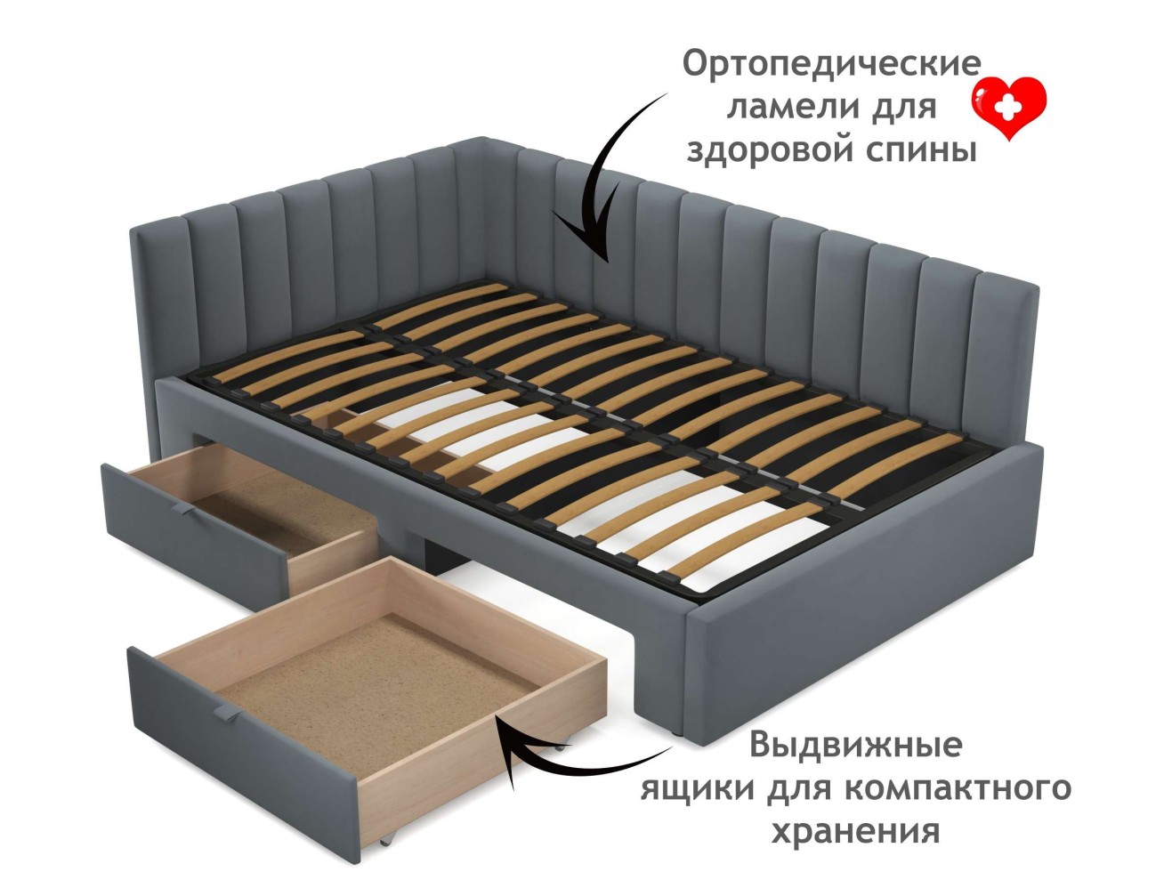 Мягкая кровать-тахта Milena 1200 серая с ящиками