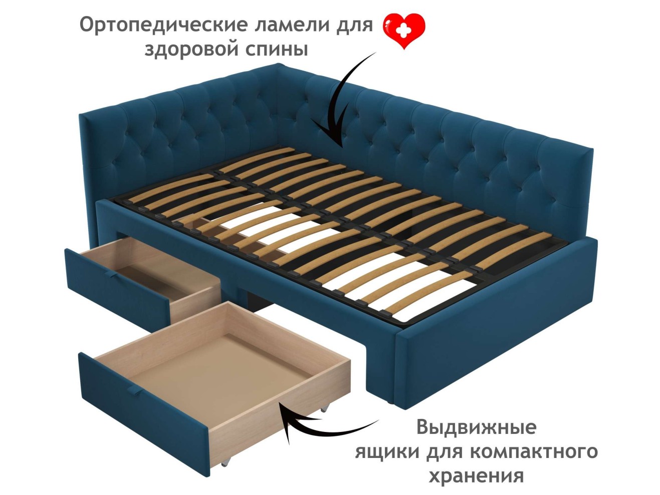 Мягкая кровать-тахта Afelia 1200 синяя c ящиками