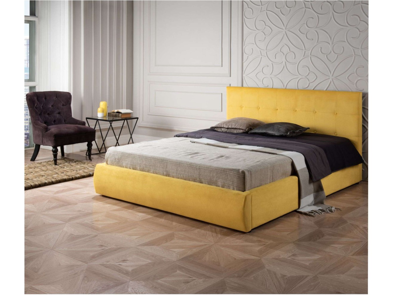Мягкая кровать Selesta 1400 желтая с матрасом PROMO B COCOS с подъемным механизмом арт. 657713