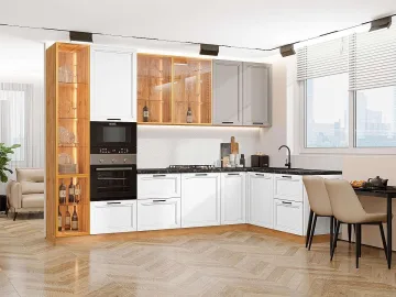 Кухонный гарнитур угловой Нео-04, МДФ/Стекло, 320×180 см, Глиняный шелк/Белый шелк