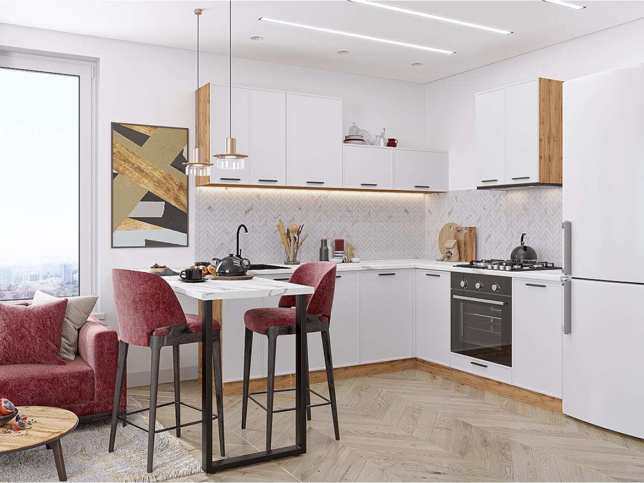 Кухонный гарнитур угловой Фрейм-03, МДФ, 220×200 см, Белый шелк арт. 1587817
