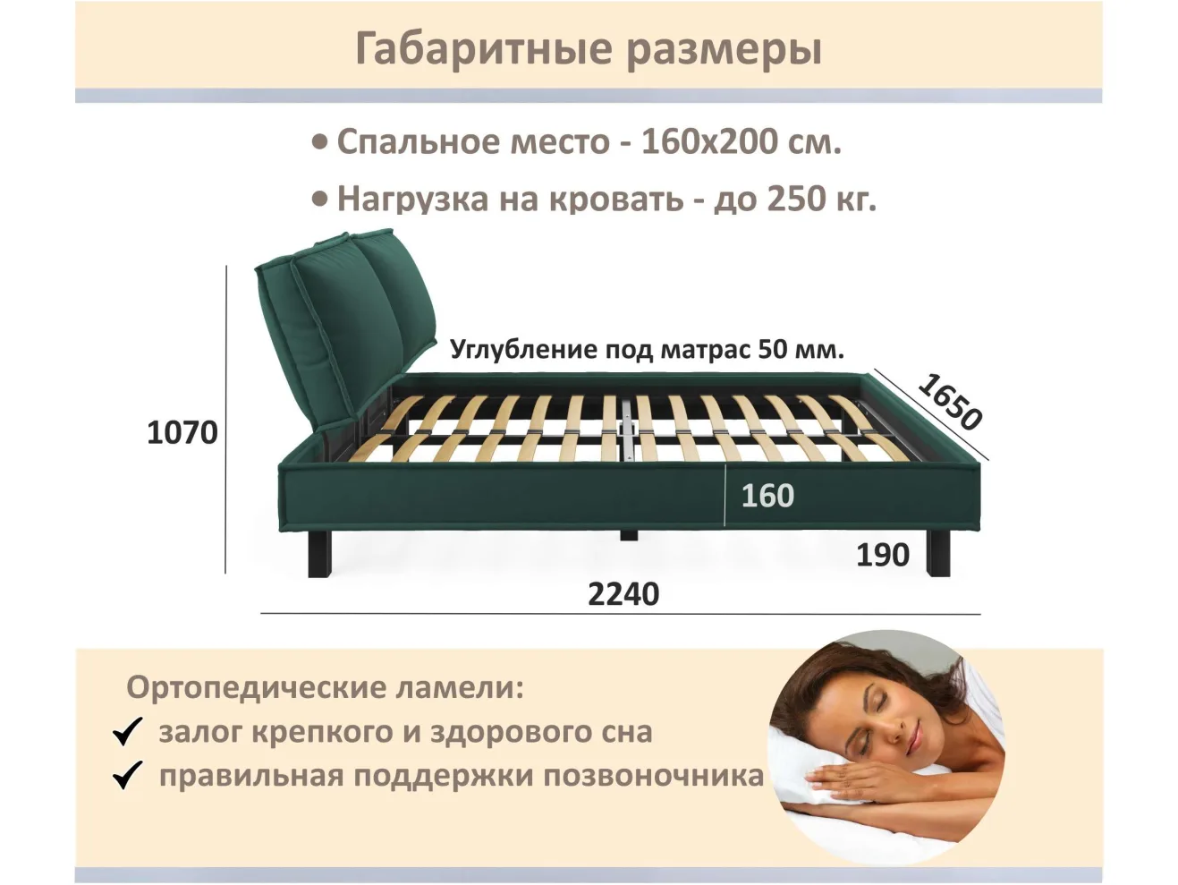 Мягкая кровать Bali 1600 изумруд c ортопедическим основанием арт. 1377505
