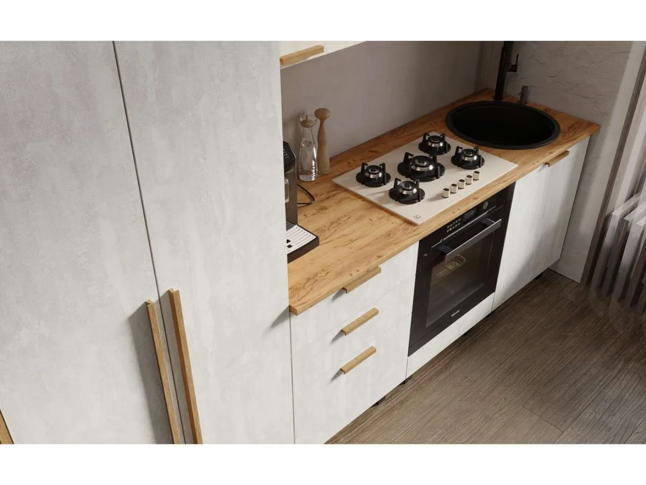 Кухня Рио NEW (дерево) 3,2/1260м (490), компоновка №7, Крафт золотой/Шелковый камень арт. 1576551
