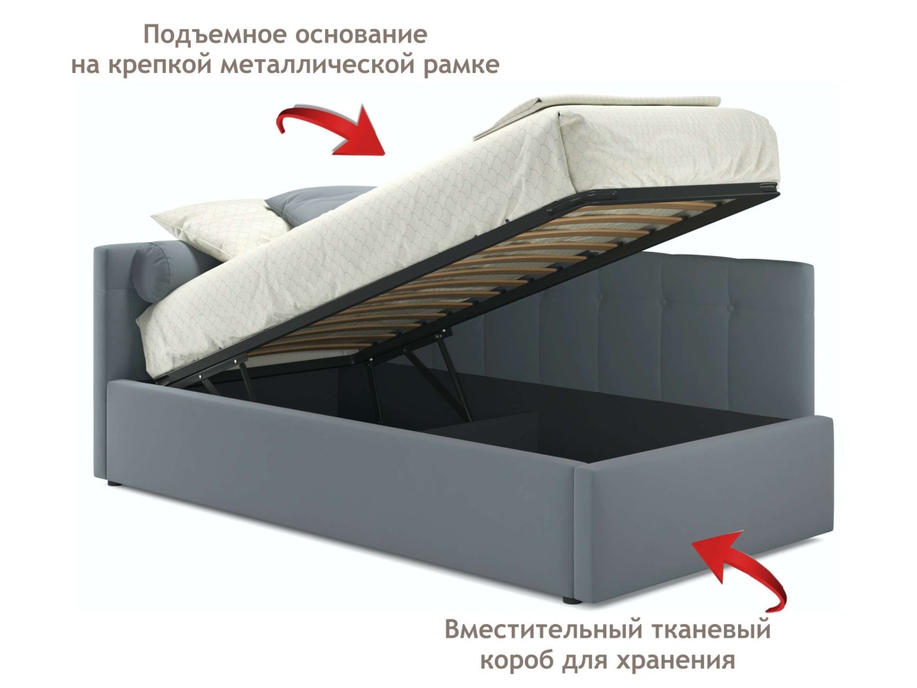 Односпальная кровать-тахта Bonna 900 серая с подъемным механизмом и матрасом PROMO B COCOS