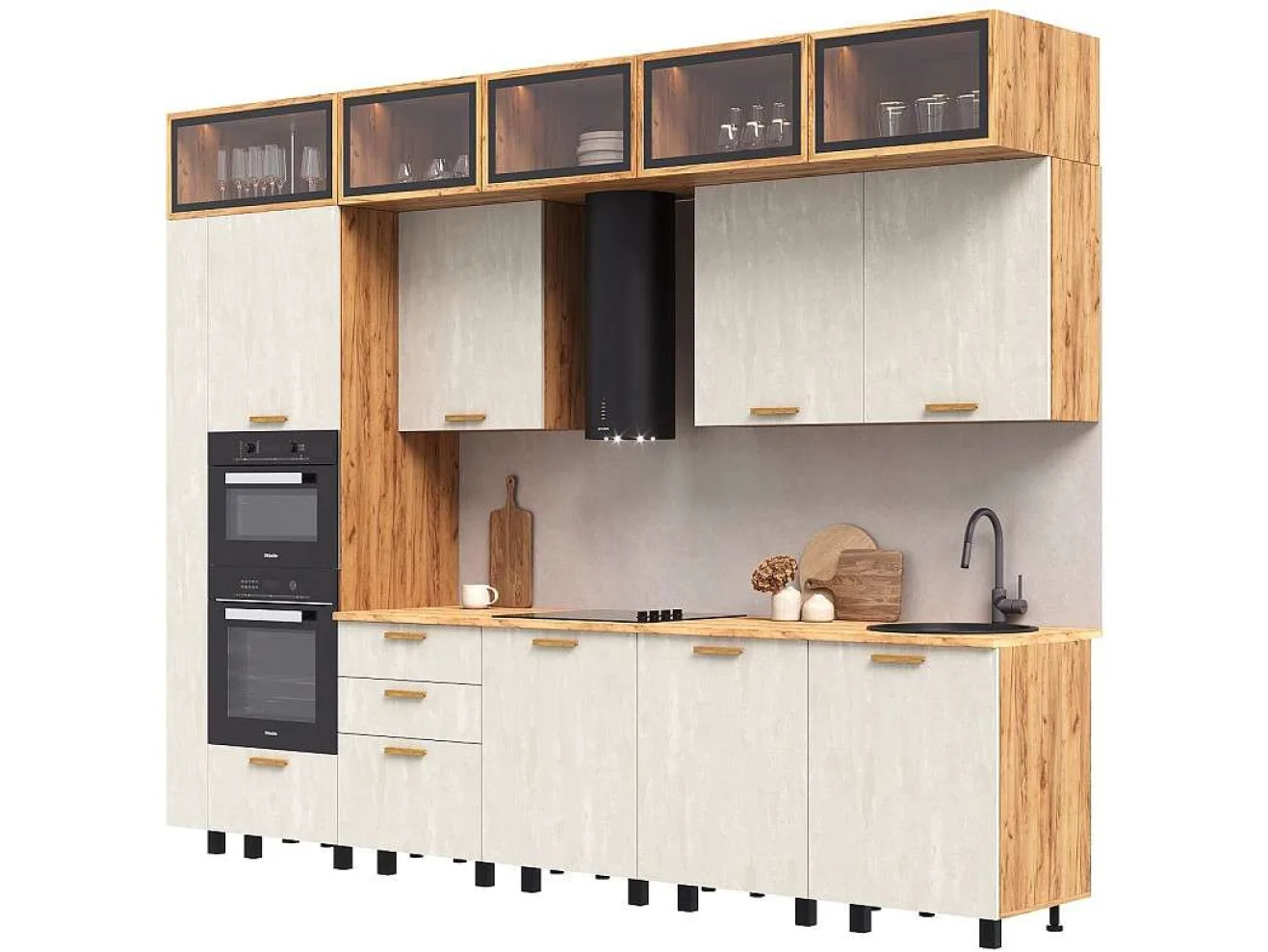 Кухня Рио NEW (дерево) 3,2/1080м (490), компоновка №7, Крафт золотой/Шелковый камень арт. 1579825