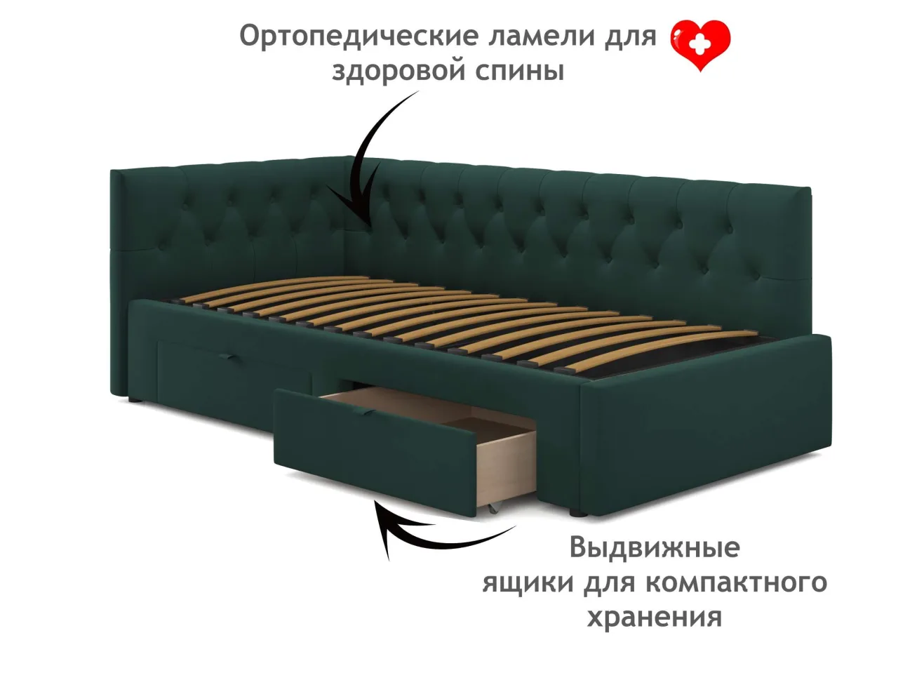 Односпальная кровать-тахта Afelia с ящиками 900 изумруд с ортопедическим основанием арт. 1150581