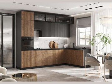 Кухня Оливия NEW 3,0х1,8/1080м (490), компоновка №4, Графит софт/Экзотическое дерево Амазония