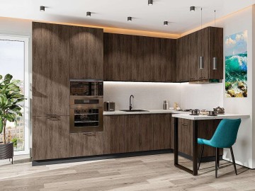 Кухонный гарнитур угловой Флэт-06, МДФ, 320×135 см, Коричневый дуб