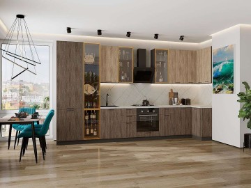 Кухонный гарнитур угловой Флэт-05, МДФ, 400×100 см, Натуральный дуб/Коричневый дуб