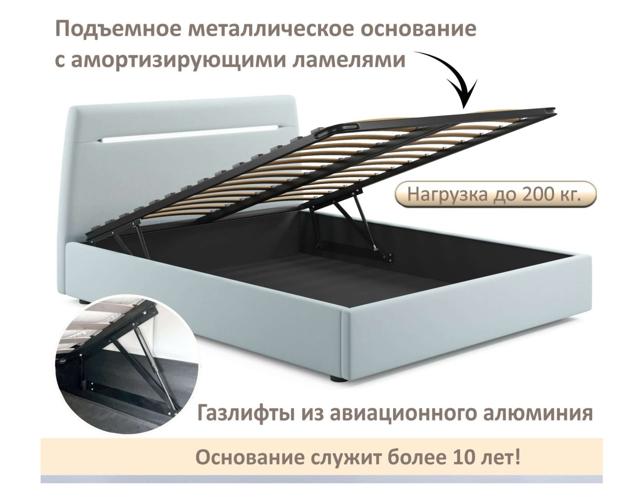 Мягкая кровать NEO с подсветкой и подъемным механизмом мята пастель