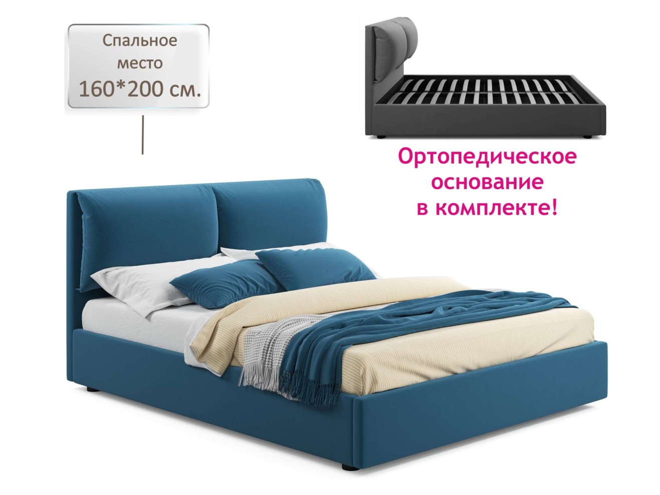 Мягкая кровать Vita 1600 синяя с ортопедическим основанием