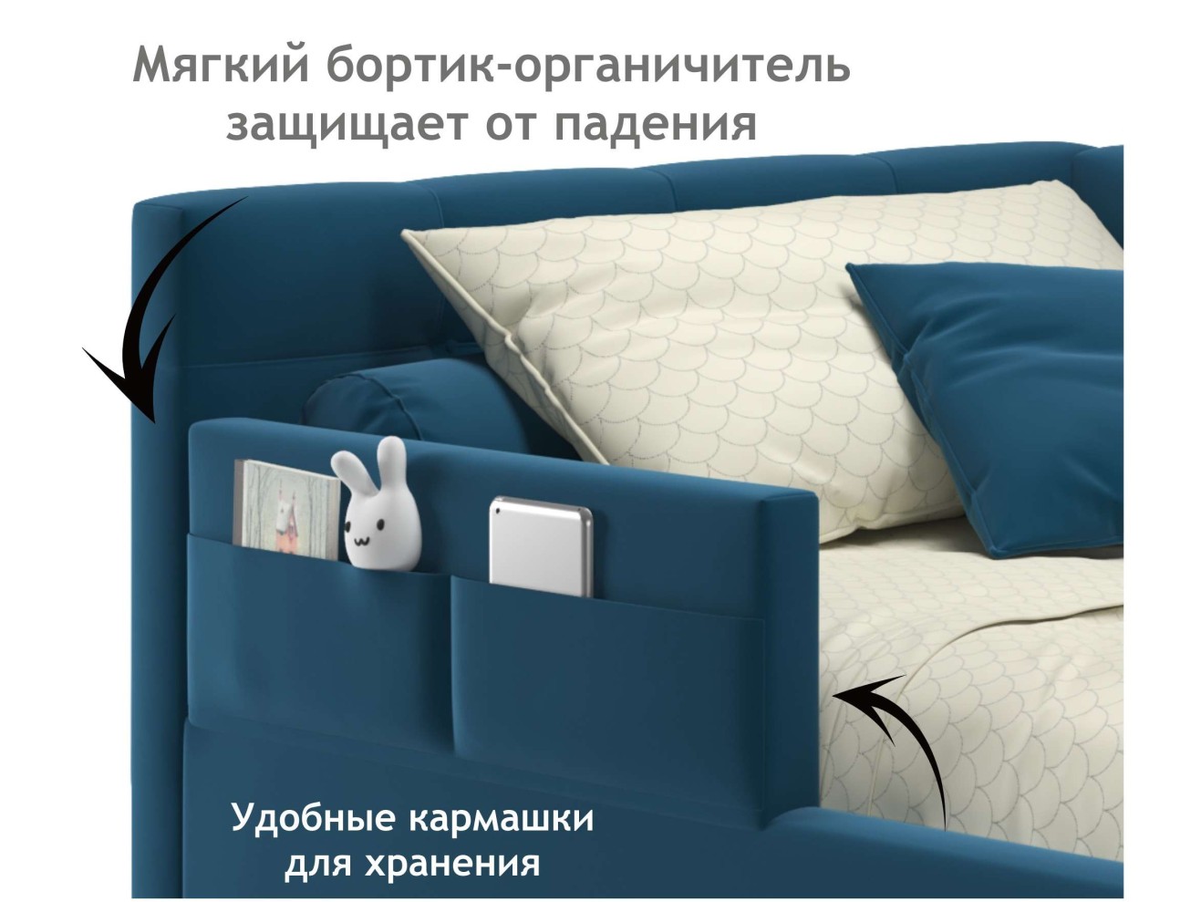 Односпальная кровать-тахта Bonna 900 с защитным бортиком синяя и подъемным механизмом