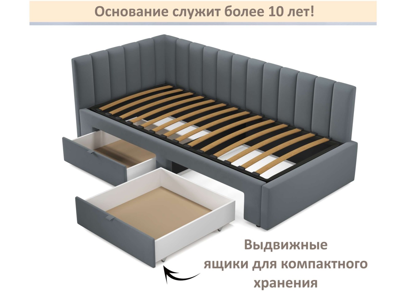 Мягкая кровать-тахта Milena 900 серая с ящиками
