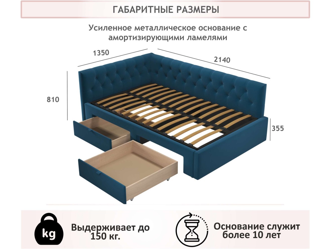 Мягкая кровать-тахта Afelia 1200 синяя c ящиками