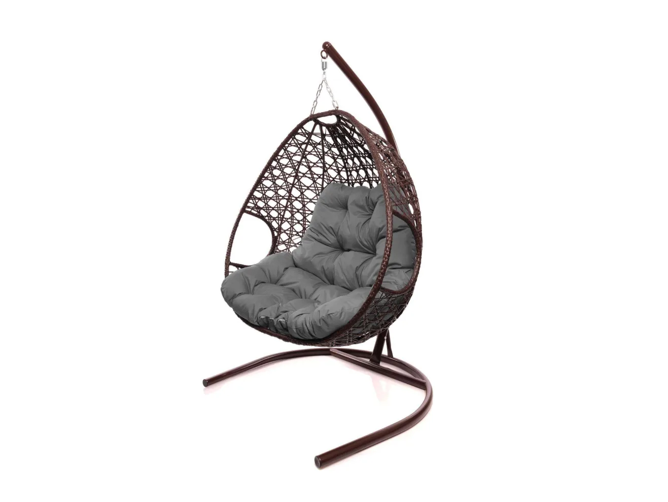 Подвесное кресло ДЛЯ ДВОИХ ЛЮКС с ротангом коричневое, серая подушка арт. 1247137