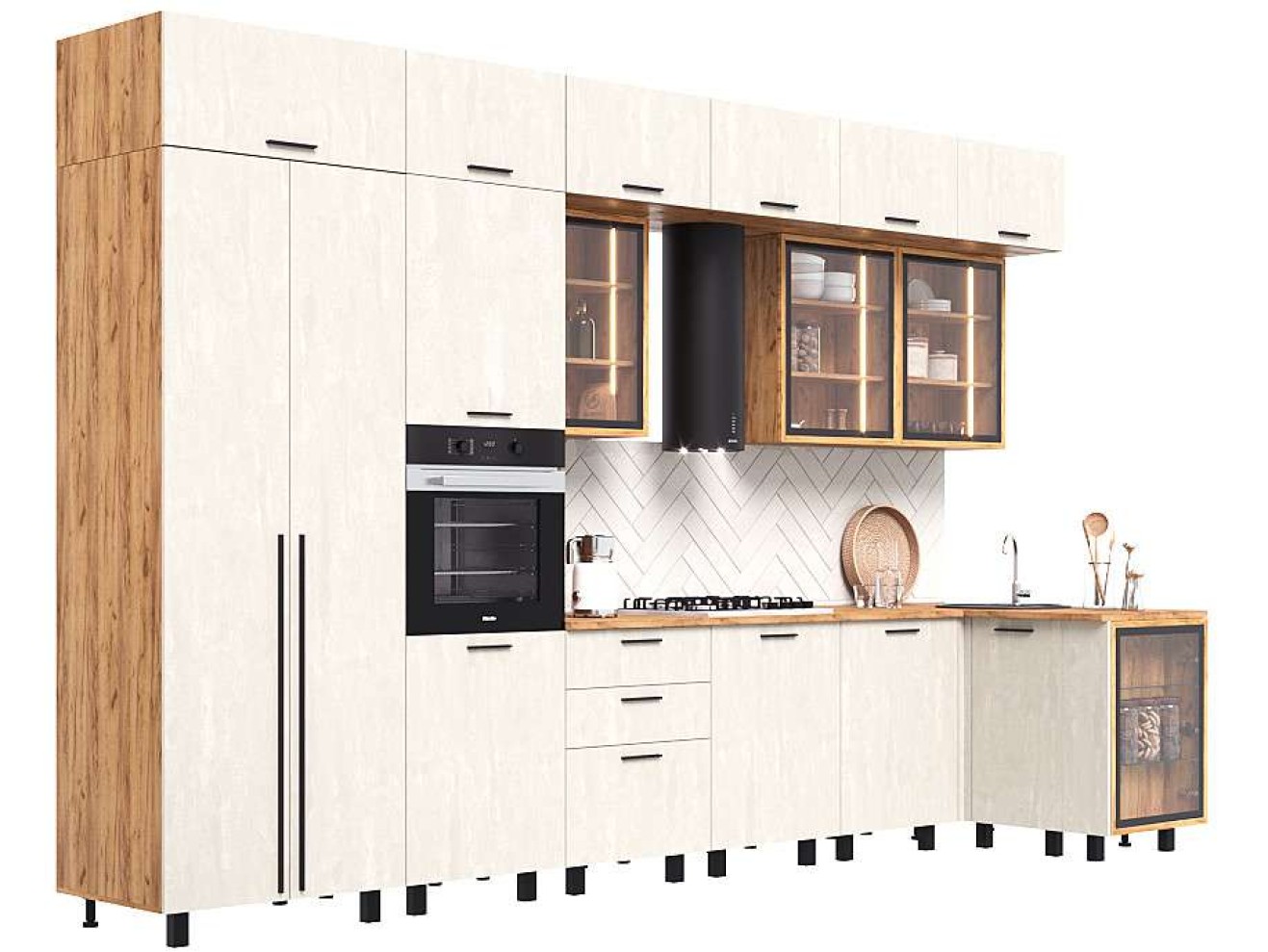 Кухня Рио NEW (металл) 3,8х1,2/1080м (490), компоновка №7, Крафт золотой/Шелковый камень арт. 1579837