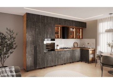 Кухня Рио NEW (металл) 3,8х1,2/1080м (490), компоновка №7, Крафт золотой/Железный камень