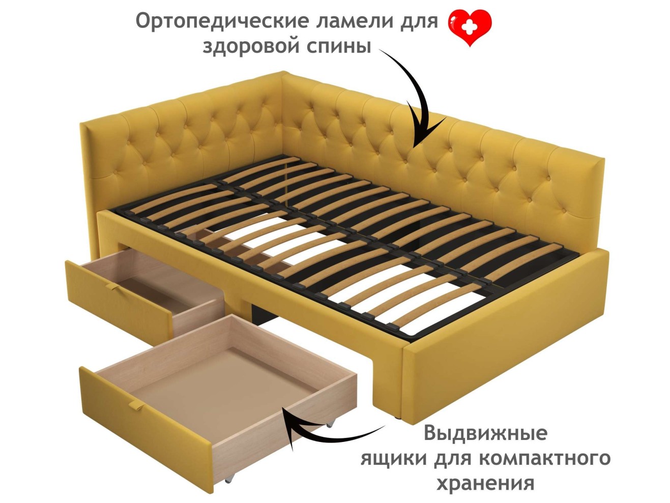 Мягкая кровать-тахта Afelia 1200 желтая c ящиками