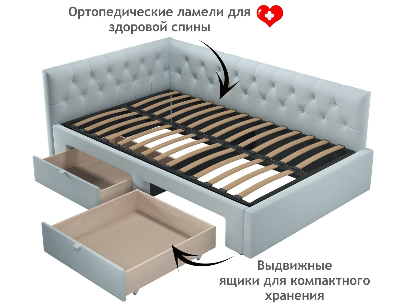 Мягкая кровать-тахта Afelia 1200 мята пастель с ящиками
