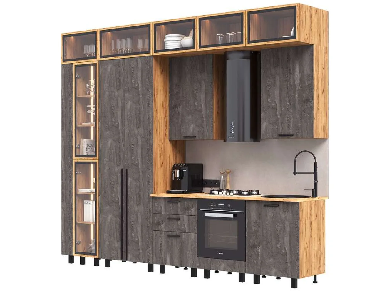Кухня Рио NEW (металл) 3,2/1260м (490), компоновка №7, Крафт золотой/Железный камень арт. 1576553