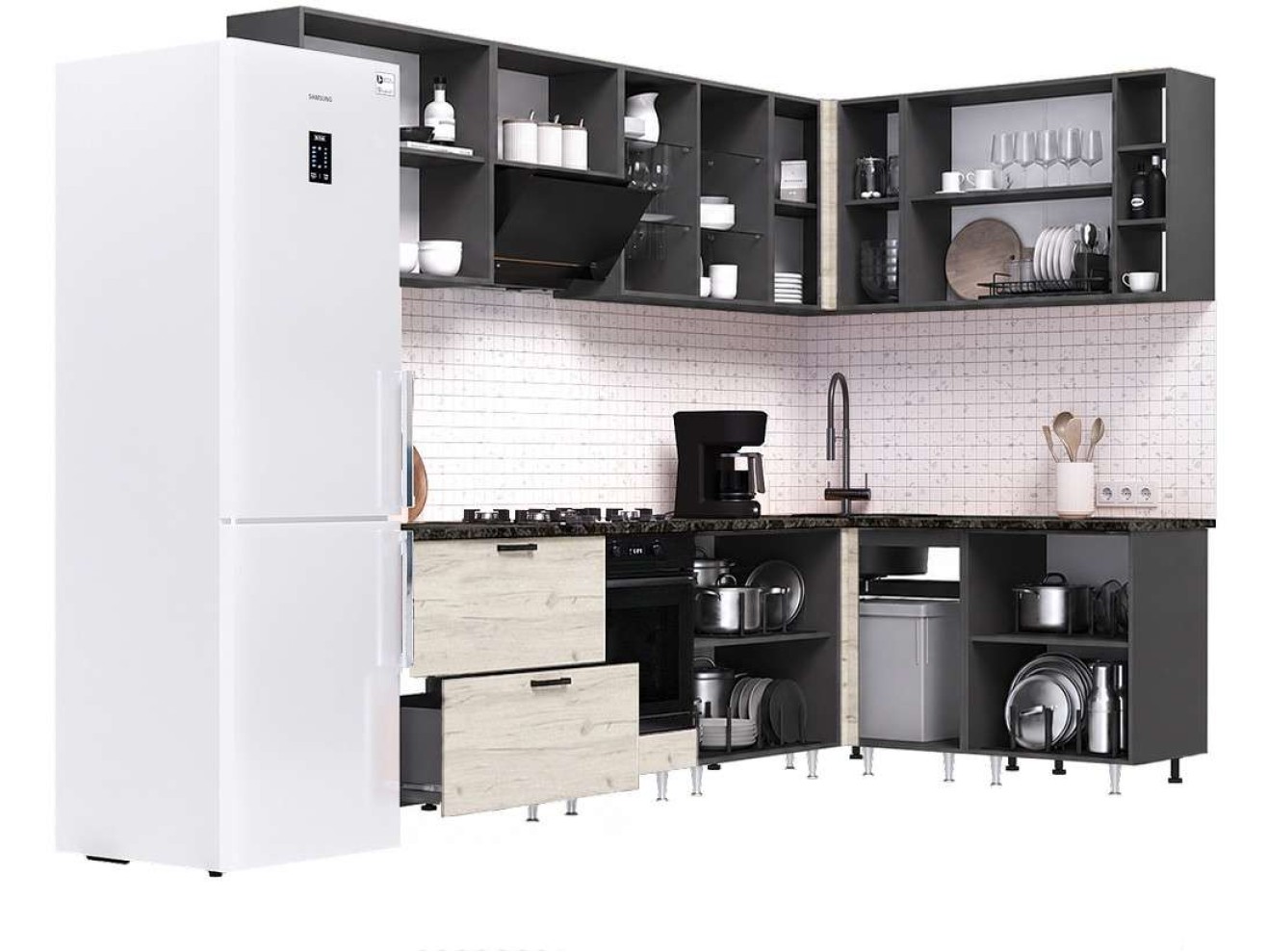 Кухня Рио NEW 2,8х1,6м (490) компоновка №1, Графит/Крафт белый арт. 1560133