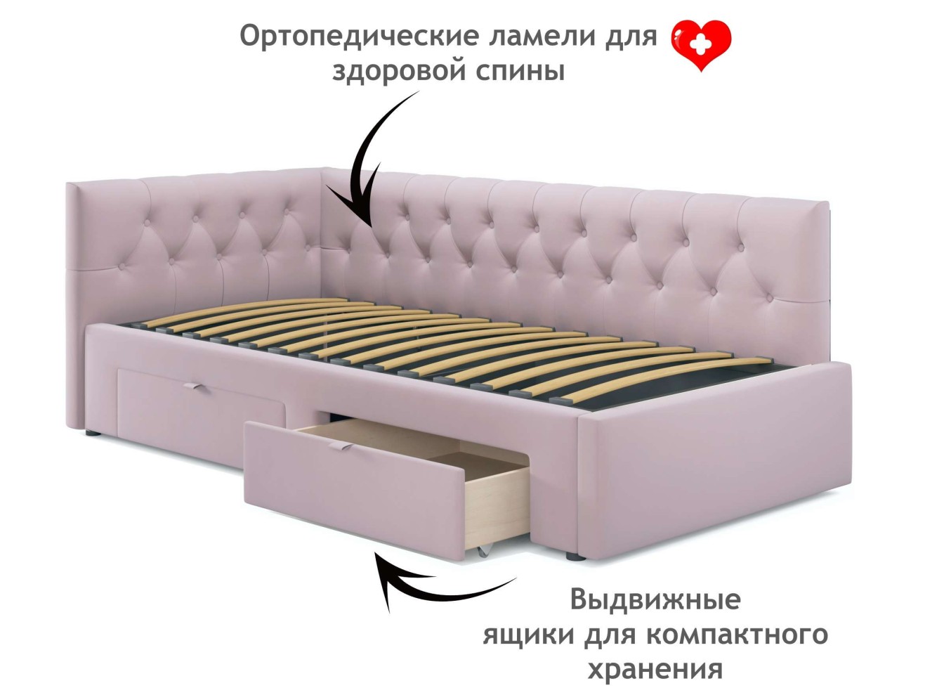 Односпальная кровать-тахта Afelia с ящиками и бортиком 900 лиловая с ортопедическим основанием