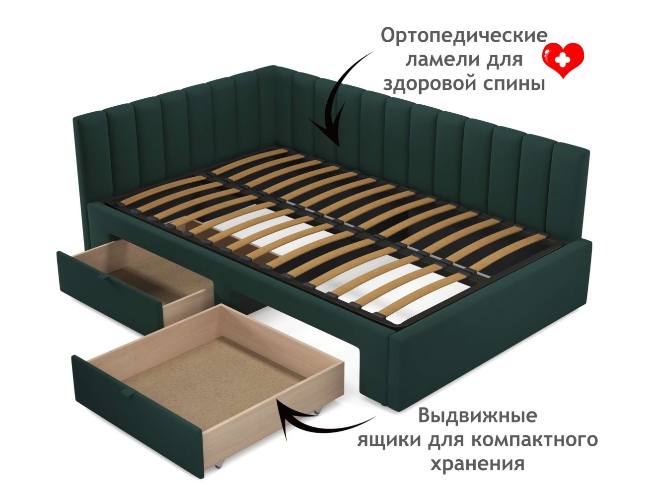 Мягкая кровать-тахта Milena 1200 изумруд с ящиками