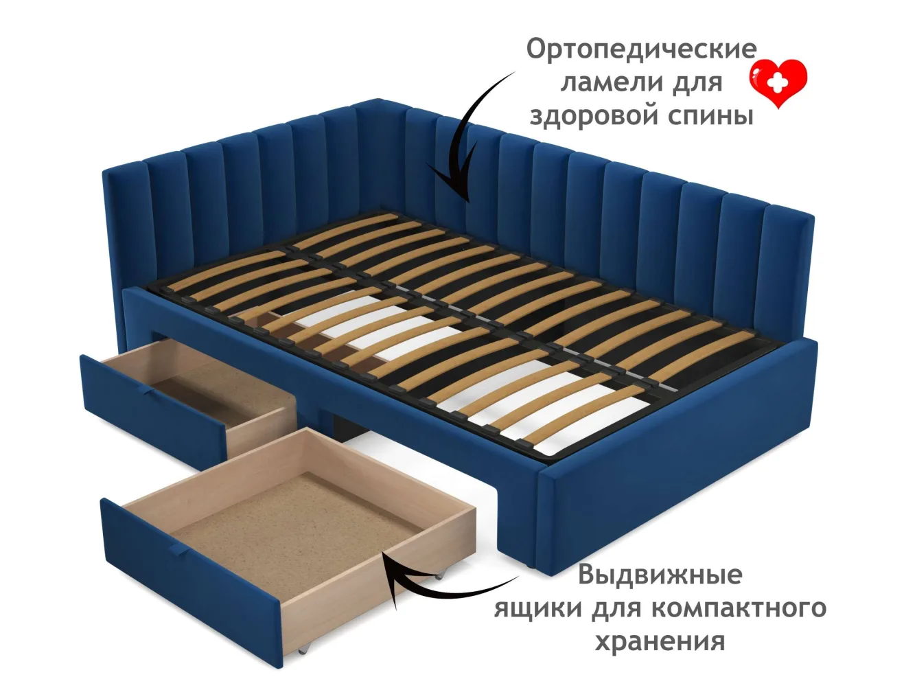 Мягкая кровать-тахта Milena 1200 синяя c ящиками арт. 1076899