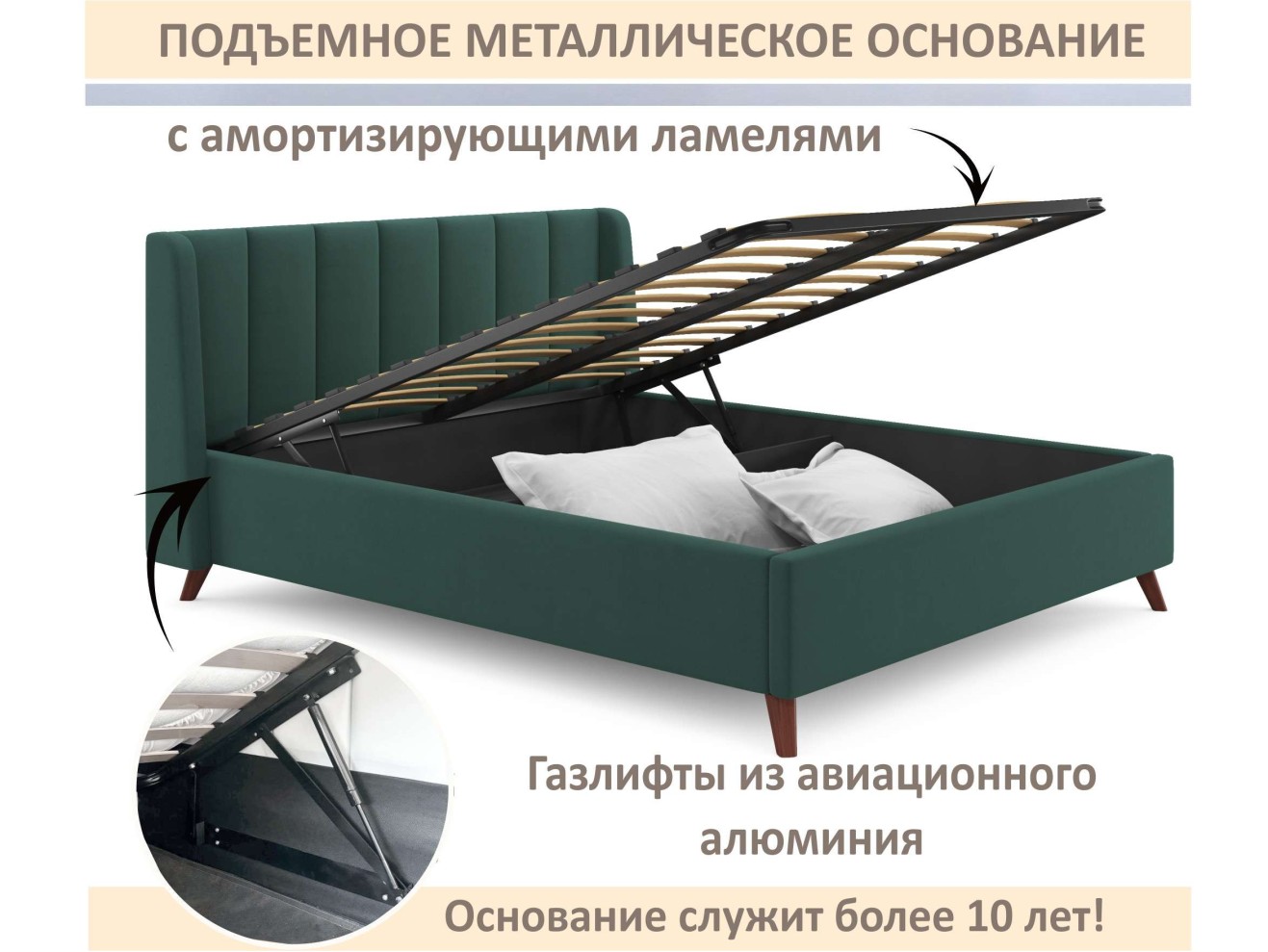 Мягкая кровать Betsi 1600 изумруд с подъемным механизмом