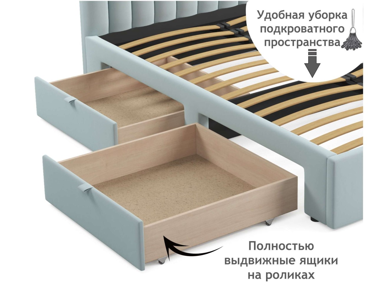 Мягкая кровать-тахта Milena 1200 мята пастель с ящиками