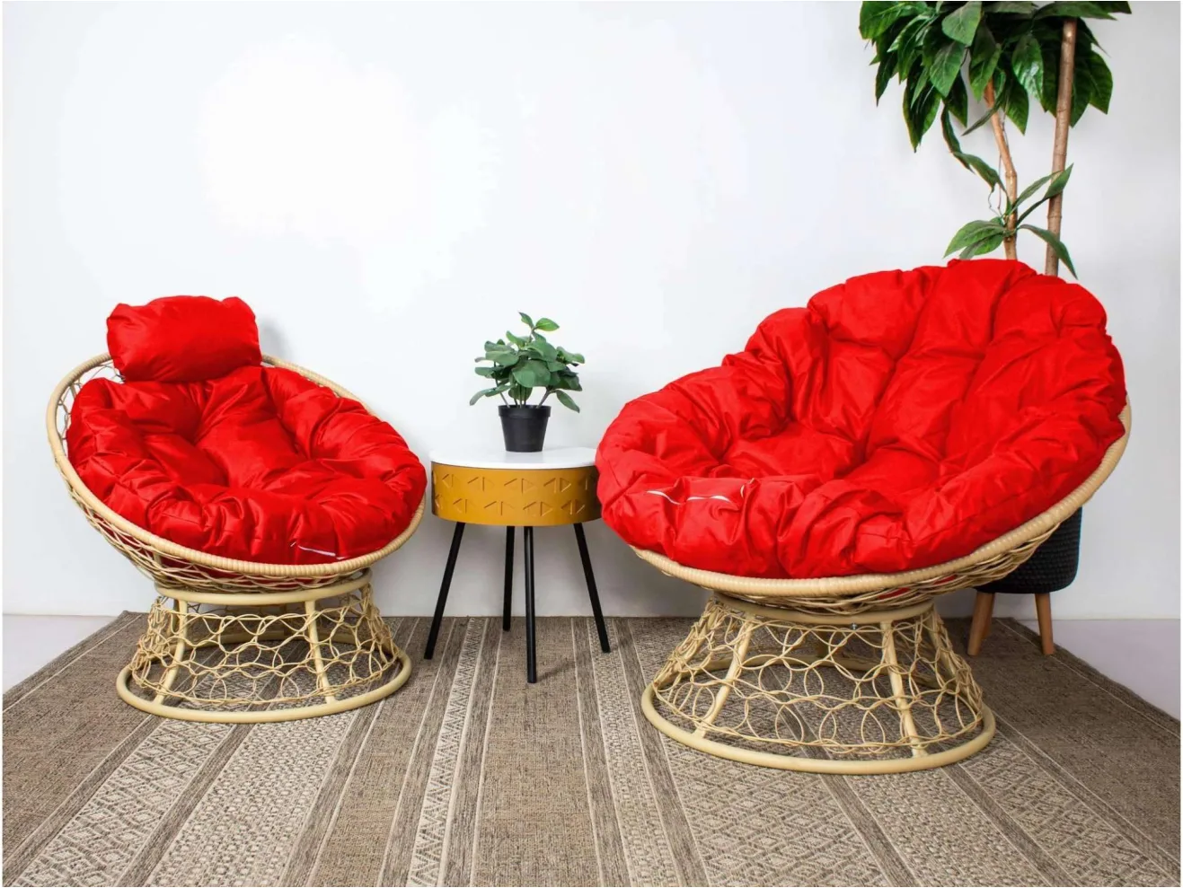 Кресло ПАПАСАН мини с ротангом бежевый, красная подушка арт. 1227345