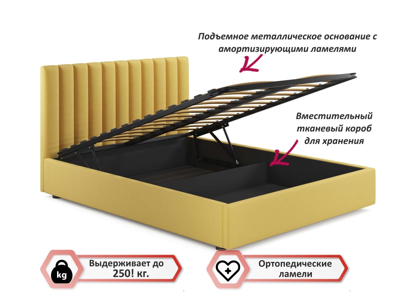 Мягкая кровать с тумбами Olivia 1600 желтая с подъемным механизмом