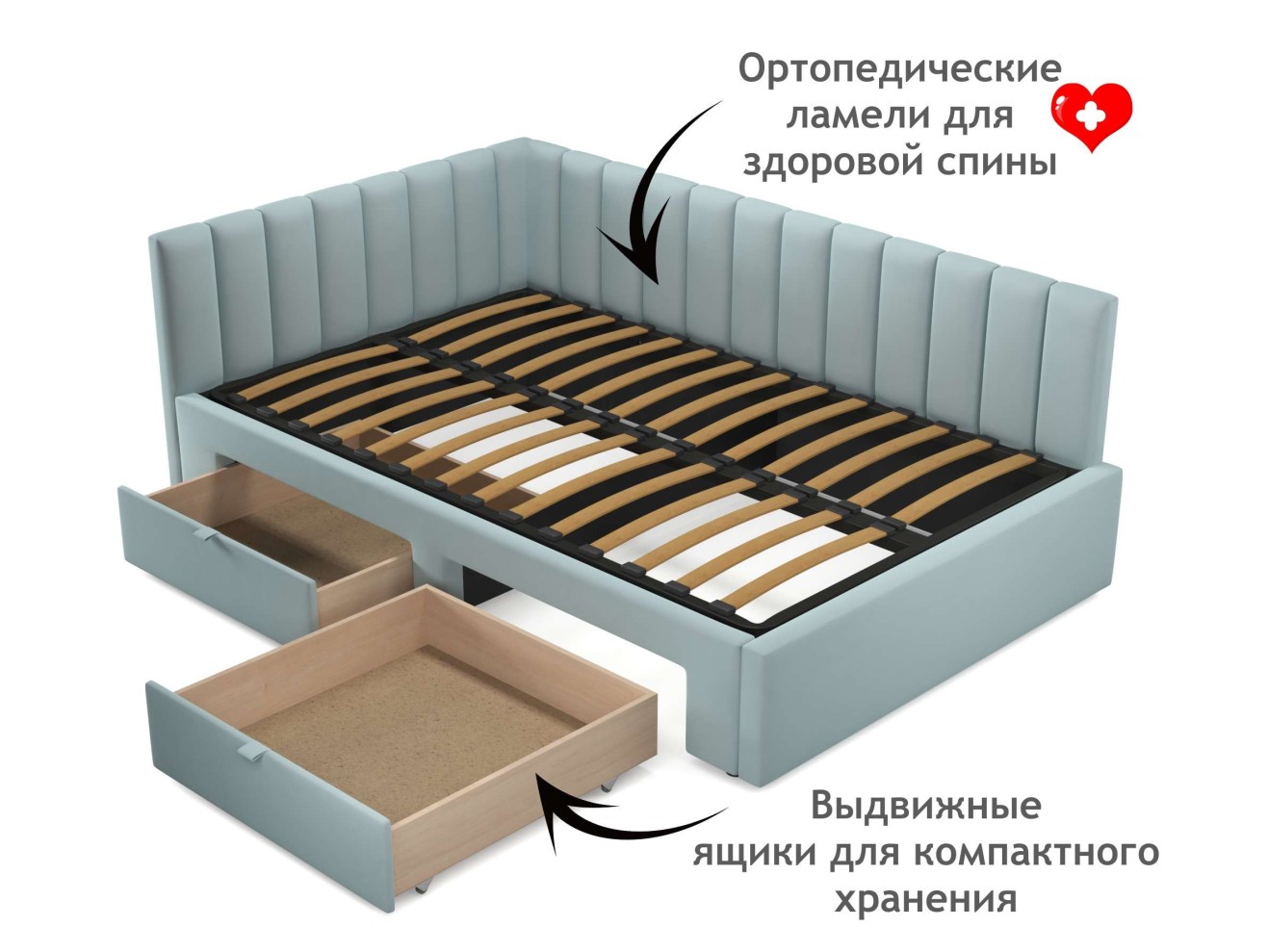 Мягкая кровать-тахта Milena 1200 мята пастель с ящиками