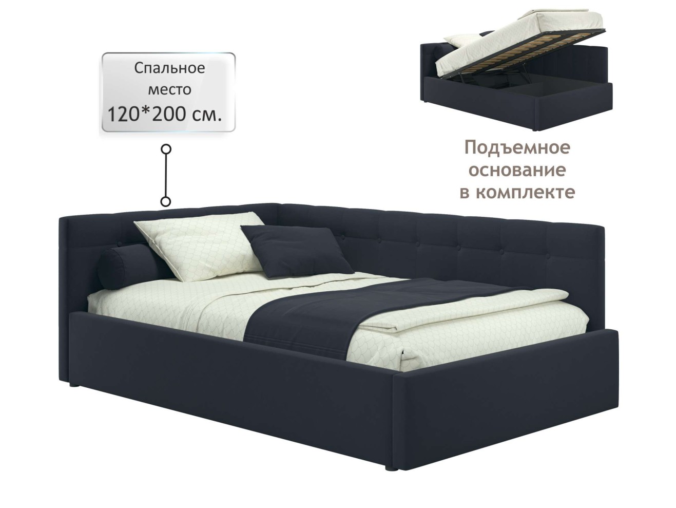 Мягкая кровать-тахта Bonna 1200 черная c подъемным механизмом
