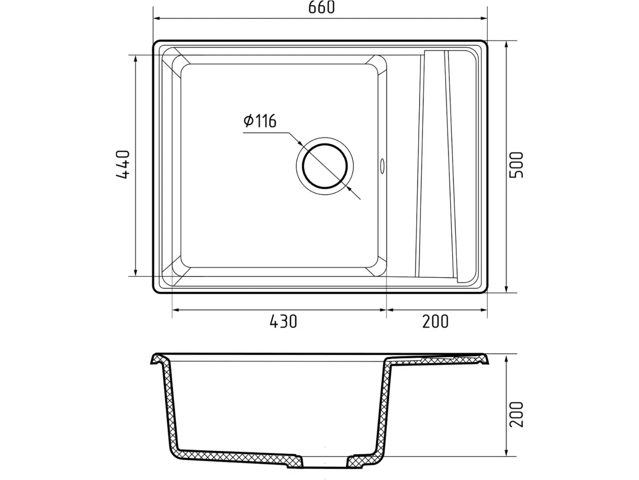 Мойка 660 Level 660L 1-чаш+кр 660*500 черный арт. 1265945
