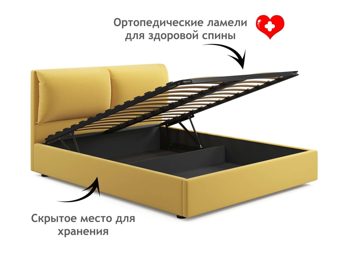Мягкая кровать Vita 1600 желтая с подъемным механизмом