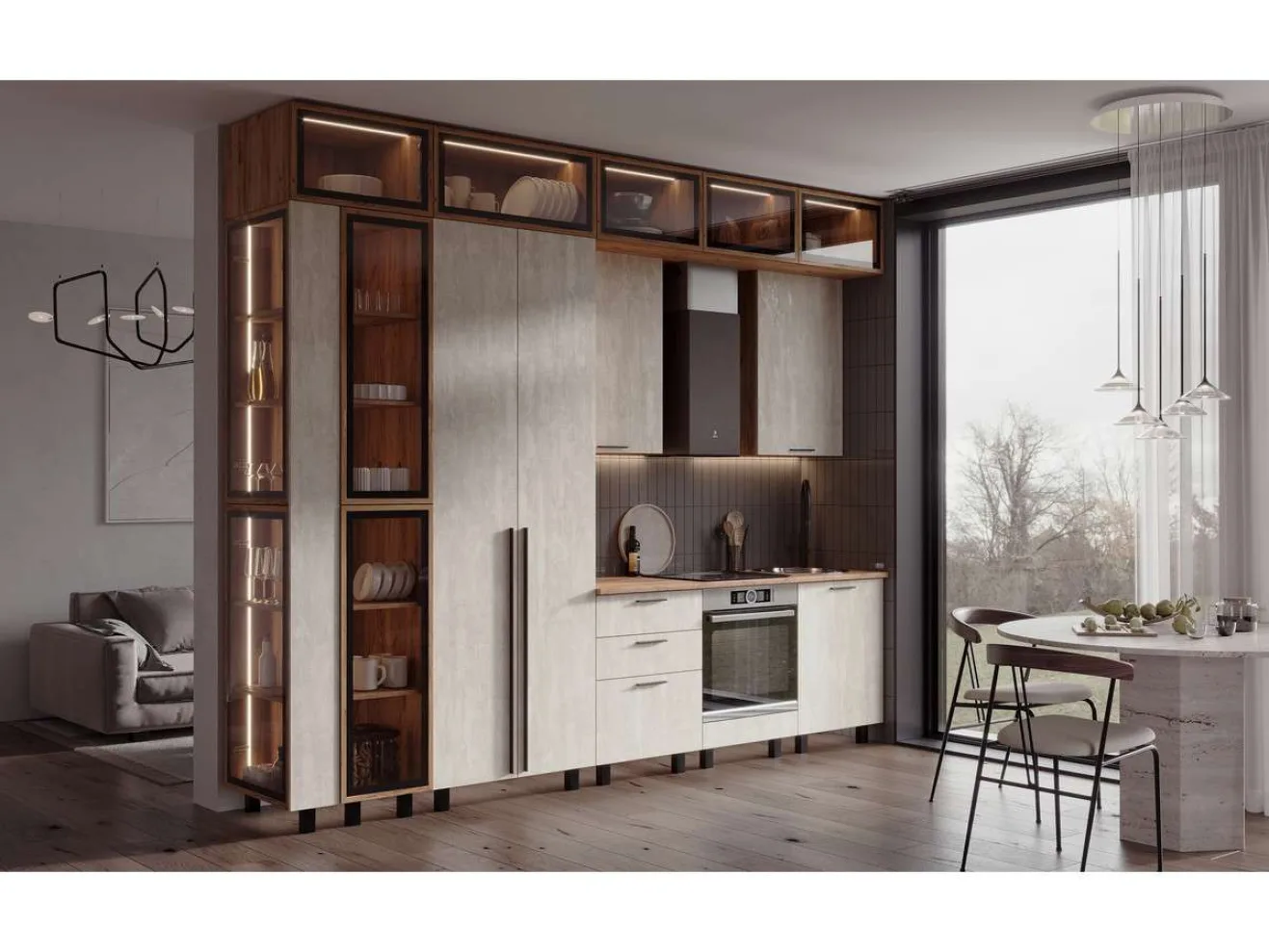 Кухня Рио NEW (металл) 3,2/1260м (490), компоновка №7, Крафт золотой/Шелковый камень арт. 1576555