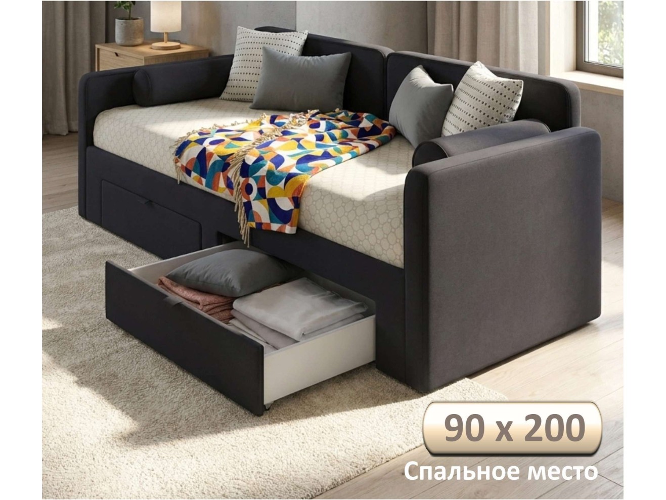 Мягкая кровать Эмили 900 c ящиками черная арт. 1576023