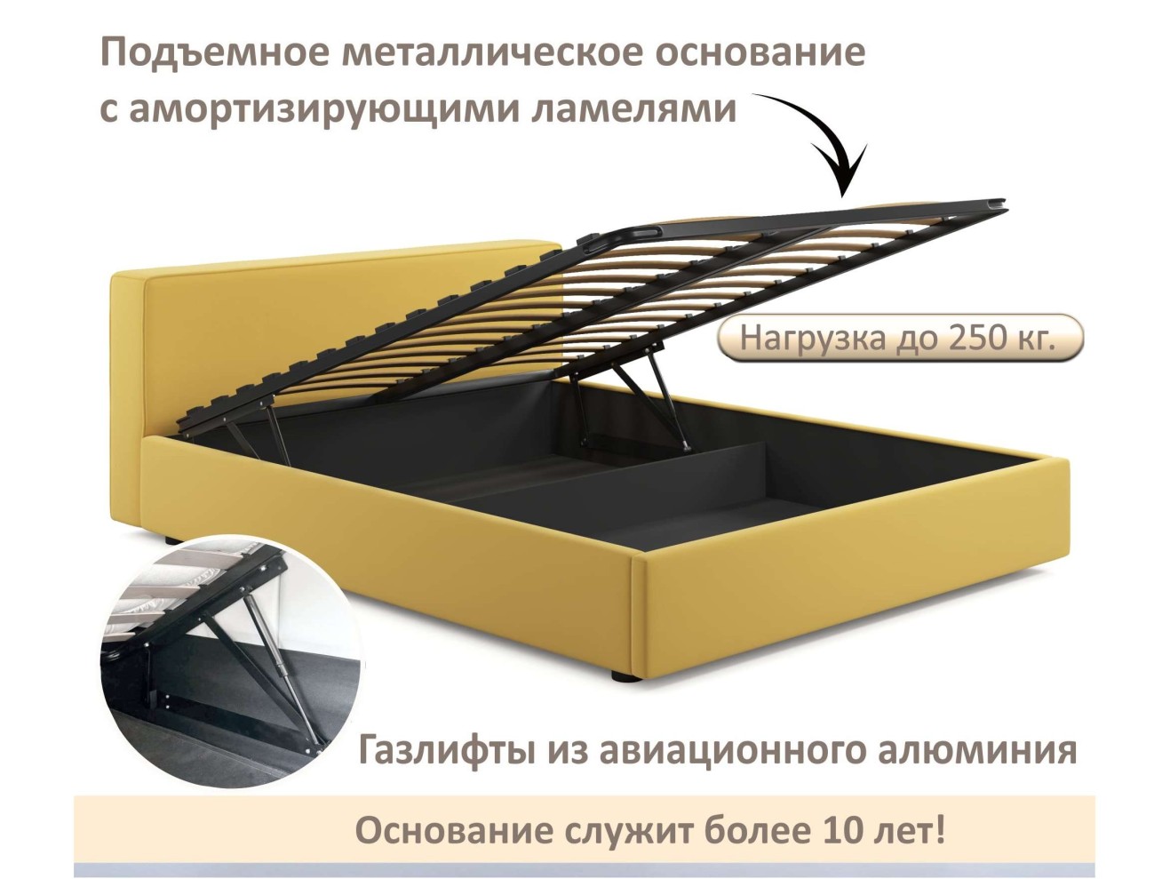 Мягкая кровать Skandi 1600 желтая с подъемным механизмом