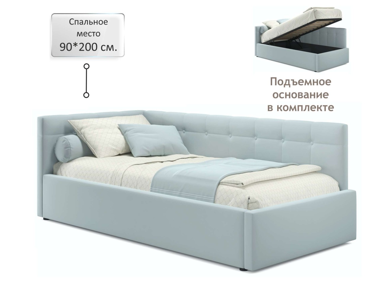 Односпальная кровать-тахта Bonna 900 мята пастель с подъемным механизмом и матрасом ГОСТ