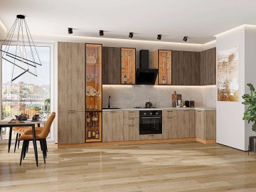 Кухонный гарнитур угловой Флэт-05, ЛДСП, 400×100 см, Коричневый дуб/Натуральный дуб