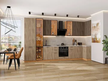 Кухонный гарнитур угловой Флэт-05, ЛДСП, 400×100 см, Коричневый дуб/Натуральный дуб